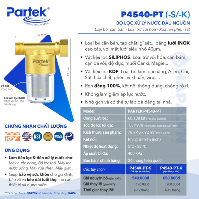 Bộ Tiền Xử Lý Nước PARTEK P4540-PT-S Siliphos Loại Bỏ Cặn Đá Vôi, Cặn Canxi, Độ Đục, Chống Bám Cặn... - Hàng Chính Hãng