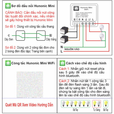 Công tắc Wifi Hunonic Mini 2 kênh 500W/kênh - LẮP SAU CÔNG TẮC ÂM TƯỜNG - Điều khiển từ xa bằng điện thoại