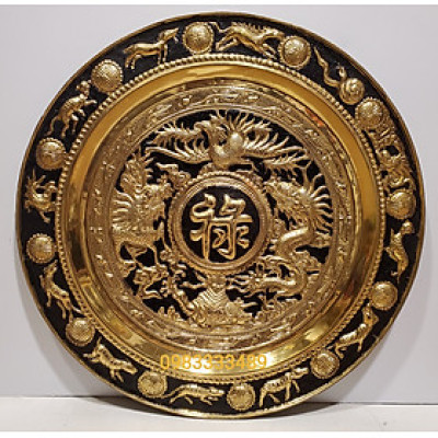 Mâm đồng vàng liền tấm chạm nổi tứ linh chữ LỘC-A123