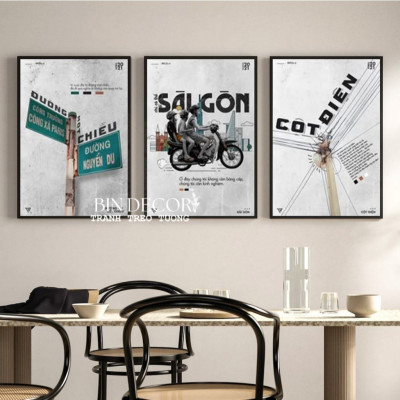 (ẢNH THẬT) Tranh treo tường sài gòn trong tôi bộ 3 tấm trang trí decor quán kèm đinh