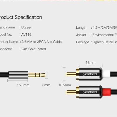 Ugreen UG10590AV116TK 3M màu Đen Cáp âm thanh 2 đầu Bông sen sang 3.5mm Dương mạ vàng - HÀNG CHÍNH HÃNG