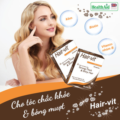 Thực phẩm bảo vệ sức khỏe đến từ Anh Quốc - Viên nuôi dưỡng nang tóc, làm cho tóc dày và bóng mượt, giúp giảm rụng tóc ở nam và nữ sau khi dùng thuốc, xạ trị, bệnh về da, căng thẳng và lo lắng HEALTH AID HAIR-VIT (Hộp 1 chai 30 viên)