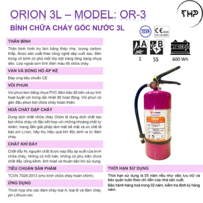 Bình chữa cháy Pin Lithium Orion 3lit Or-3 /Bình chữa cháy xe điện / Bình chữa cháy Vinafoam Orion 3lit