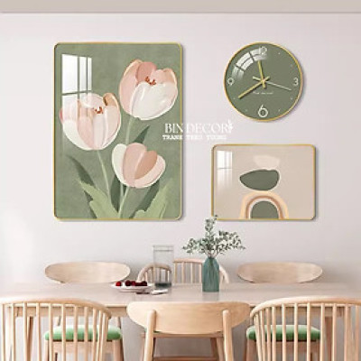 Tranh treo tường tráng gương hoa tulip hồng trang trí phòng khách- phòng ngủ - nhà hàng - khách  sạn (kèm đinh 3 chân)