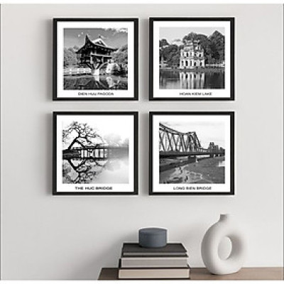  (HCM) Tranh treo tường Hà Nội xưa trang trí decor quán bộ 4 tấm kèm đinh chuyên dụng