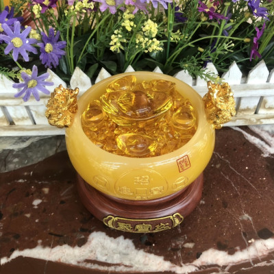 Bát vàng, Bát Tụ Tài, Bát Tụ Bảo đá ngọc cẩm thạch vàng Hút Tài, Hút Lộc, Chiêu tài nạp lộc trang trí bàn thờ ông thần tài thổ địa - Cao 15cm