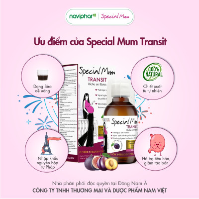 Siro Special Mum Transit bổ sung chất xơ, hỗ trợ tiêu hóa cho phụ nữ mang thai. Hỗ trợ tăng lợi khuẩn, làm mềm phân, giúp nhuận tràng cho mẹ bầu- 200ml