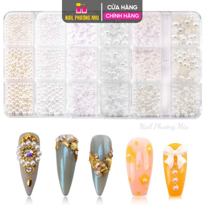 Khay Ngọc Tròn Hạt Trai Nửa Mix Trắng Ngà Làm Nail, Khay Nhựa 12 Ô Chia Nhiều Size Trang Trí Móng Tay Chân Làm Móng Chuyên Nghiệp Nữ Women