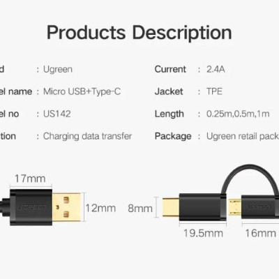 Ugreen UG30172US142TK 0.25M màu đen Thiết bị chuyển đổi USB 2.0 sang type-C và micro USB - HÀNG CHÍNH HÃNG