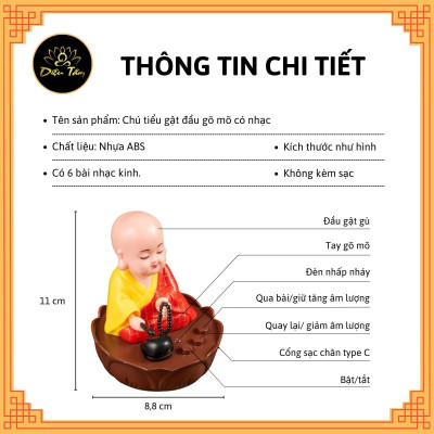 Tượng chú tiểu tụng kinh gõ mõ sạc pin type C có nhạc có đèn trang trí xe hơi, phong thủy, bàn làm việc đồ thờ cúng shop Diệu Tâm -chú tiểu có nhạc
