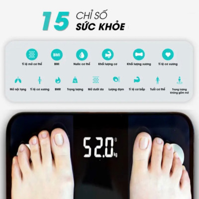 Cân Điện Tử Sức Khoẻ Bluetooth Phân Tích Chỉ Số Cơ Thể Kết Nối Điện Thoại Qua Bluetooth Màn Hình LCD HD, Độ Chính Xác Cao Màu Đen