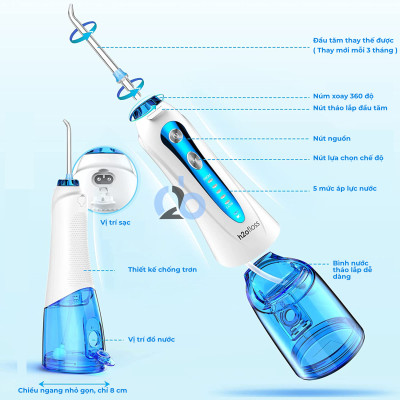 Tăm nước cầm tay H2ofloss HF-2 phiên bản nâng cấp được phân phối độc quyền với nút mở bình nước tiện lợi, tặng kèm 7 đầu tăm, củ sạc nguồn thấp