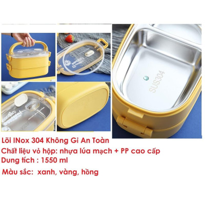 Hộp Cơm Giữ Nhiệt 2 Tầng Lõi INox 304 Cao Cấp/Hộp Cơm Văn Phòng - tặng kèm túi giữ nhiệt