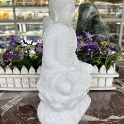 Tượng Phật Thích Ca ngồi đài sen đá cẩm thạch trắng - Cao 30 cm