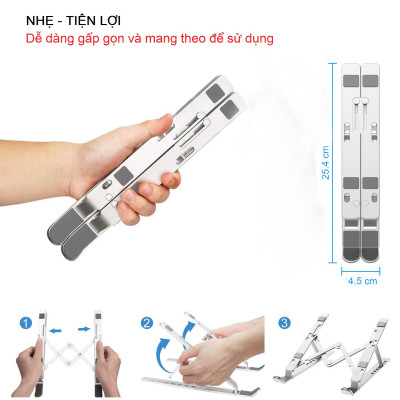 Giá Đỡ Laptop Hợp Kim Nhôm Cao Cấp Có Thể Gấp Gọn - Đế Tản Nhiệt Laptop - Macbook, Máy Tính Xách Tay - 07 Vị Trí Điều Chỉnh Góc Độ - Hàng Chính Hãng - VinBuy