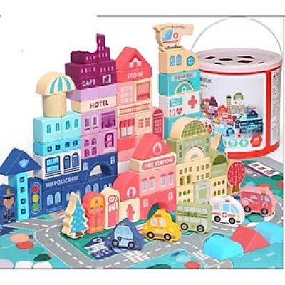 Bộ xếp hình khối mô hình thành phố thu nhỏ bằng gỗ, có tranh ghép nền, giúp bé tăng khả năng sáng tạo