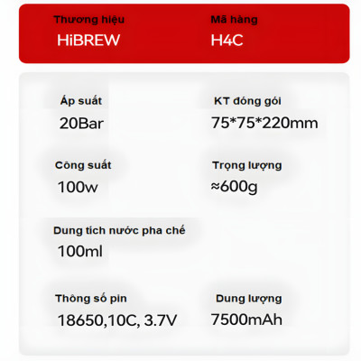 Máy pha cà phê dùng pin cầm tay Espresso 3 trong 1 HiBREW Thương hiệu Mỹ H4C - Pha nóng lạnh - HÀNG NHẬP KHẨU (BẢO HÀNH 12 THÁNG)