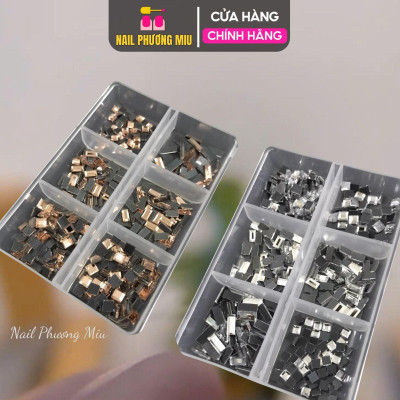 Đá Khối Chân Bằng Chữ Nhật Mix Size, 6 Ô, Đá Nail Hình Vuông Và Chữ Nhật, Trang Trí Móng Sang Trọng, Làm Nail Tinh Tế