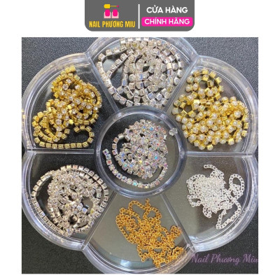 Charm Dây Xích Khay 7 Ô Kim Loại Đính Đá, Thiết Kế Đa Dạng, Bền Bỉ Không Gỉ, Dễ Cắt Tùy Chỉnh, Làm Nail Phong Cách Women Nữ