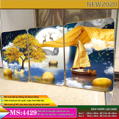 Bộ tranh treo tường 3 tấm trang trí phòng khách, phòng ngủ phong cách mỹ thuật hiện đại chất liệu cán pvc gương:4429L15S