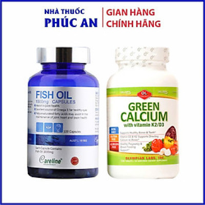Combo Canxi + DHA cho bầu - Green Calcium Olympian Labs và Careline Fish Oil hỗ trợ xương, trí não cho mẹ và bé
