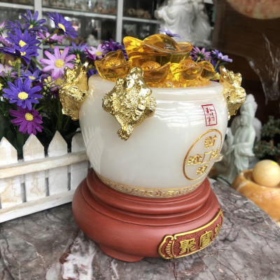 Hủ vàng, Bát Tụ Bảo, Bát tụ tài phong thủy đá bạch ngọc được chạm khắc thêm 4 con thiềm thừ chiêu nạp tài lộc - Cao 18cm