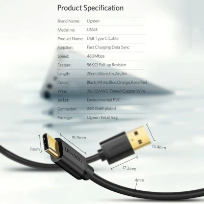 Ugreen UG30160US141TK 1.5M màu đen Dây USB 2.0 sang Type-C truyền dữ liệu và sạc - HÀNG CHÍNH HÃNG