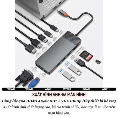Hub chuyển đổi chia cổng USB-C 12in1 sạc nhanh 100W trang bị USB 3.0 +PD Type-C + Micro SD, SD + HDMI 4K@60Hz, LAN RJ45, VGA hiệu WIWU Linker 12in1 cho Macbook Laptop cho iPhone - Hợp kim nhôm, vừa sạc vừa xuất màn hình và truyền dữ liệu - Hàng nhập khẩu