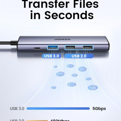Ugreen UG15495CM478TK USB type C sang 2 x USB 2.0 + 1 x USB 3.0 + 1 x HDMI 4K30Hz + 1 x USB-C PD 100W Bộ chuyển Màu Xám - HÀNG CHÍNH HÃNG
