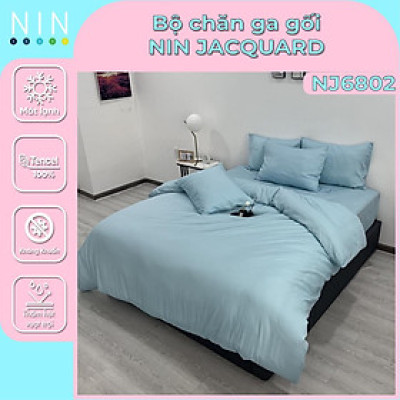 [5 MÓN] Bộ DRAP mát lạnh, MỀN chần, áo gối tencel NIN Jacquard NJ6802 màu xanh 1m6, 1m8, 2m