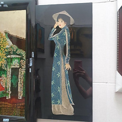 Tranh sơn mài cô gái áo dài Việt Nam cẩn trứng hàng xuất khẩu 30x60 cm