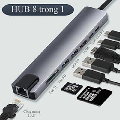 Bộ Chuyển Đổi Hub 8 Trong 1 Type C 3.1 Sang HDMI 4K-Mạng RJ45 Đọc Thẻ SD / TF Cho MacBook Notebook Laptop Máy Tính-Hàng Chính Hãng