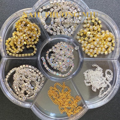 Charm Dây Xích Khay 7 Ô Kim Loại Đính Đá, Thiết Kế Đa Dạng, Bền Bỉ Không Gỉ, Dễ Cắt Tùy Chỉnh, Làm Nail Phong Cách Women Nữ