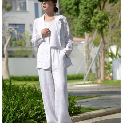 Set bộ áo khoác blazer tay dài và quần ống rộng cạp chun cực phong cách, tối giản, vintage