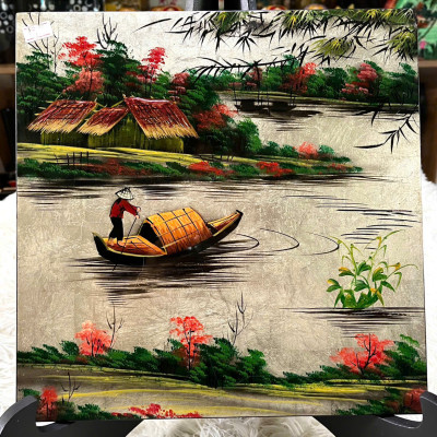 Tranh sơn mài đồng quê vẽ vàng, hàng xuất khẩu 30x30 cm