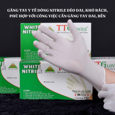 Găng Tay Y Tế Size M Không Bột Nitrile TTGLOVES Màu Trắng ( 100 Chiếc/hộp)