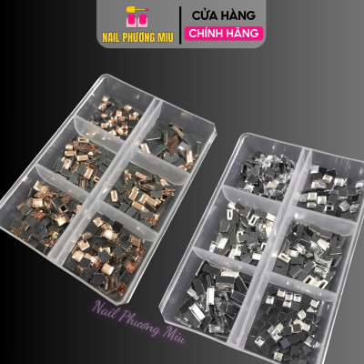 Đá Khối Chân Bằng Chữ Nhật Mix Size, 6 Ô, Đá Nail Hình Vuông Và Chữ Nhật, Trang Trí Móng Sang Trọng, Làm Nail Tinh Tế