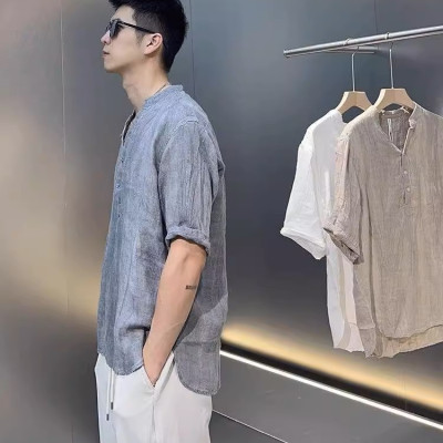 Áo sơ mi đũi nam retro ngắn tay cổ tàu mẫu mới cao cấp