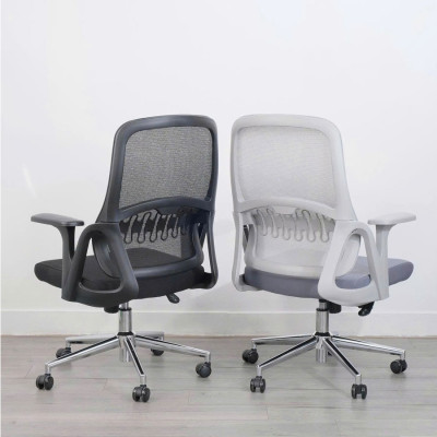 Ghế làm việc dành cho nhân viên màu xám CE4561-2M Nội thất Capta Lưng lưới nệm vải màu xám chân xoay thép mạ chrome nâng hạ gật gù Offical Chair HCM
