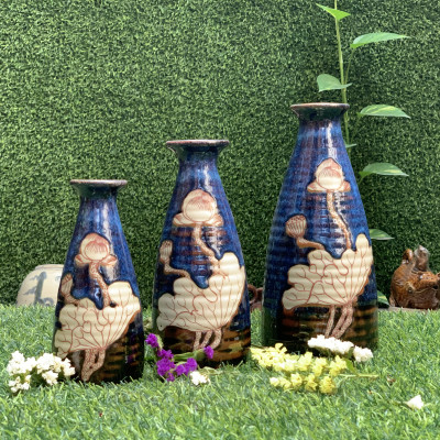  Bộ 3 lọ hoa men hỏa biến vẽ sen