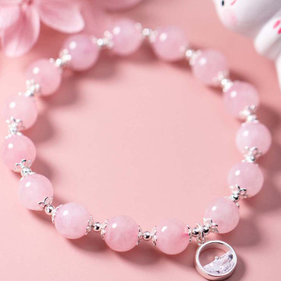 Vòng tay đá thạch anh hồng charm bạc tròn treo mệnh hỏa, thổ - Ngọc Quý Gemstones