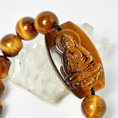 Vòng phật bản mệnh tuổi tuất hợi phật A di đà thạch anh mắt hổ hạt 12mm mệnh thổ, kim - Ngọc Quý Gemstones