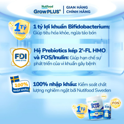 Sữa bột Nutifood Sweden GrowPLUS+ Tiêu Hóa (Xanh Nhạt) 2+ - Tiêu hóa khỏe, tăng cân (Lon 800g)