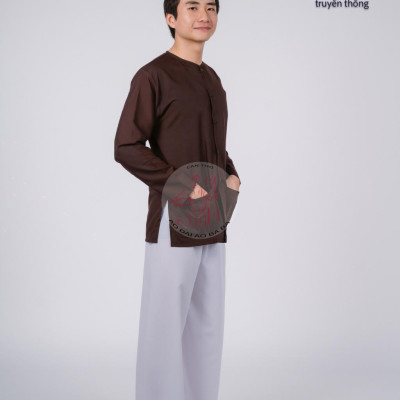 Bộ áo bà ba nam phối áo cate nâu+ Quần cate trắng - Có bộ bà ba Bigsize