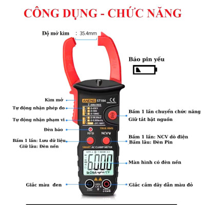 ANENG ST184 Ampe Kìm Kỹ Thuật Số Auto-Ranging (Tự Động Đo), Vạn Năng Kế True-RMS, Dụng Cụ Đo Điện Chuyên Dụng, hàng nhập khẩu