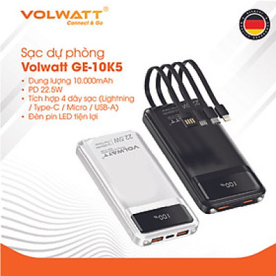Pin sạc dự phòng Volwatt GE-10K5 hàng chính hãng | 10.000mAh, Sạc nhanh 22.5W, Tích hợp 4 dây (Type-C/L/Micro/USB-A), LED, Đèn