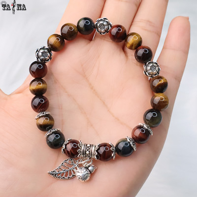 Vòng đá mắt hổ tam tài đa sắc 8mm 3A mix charm bạc 925 cao cấp