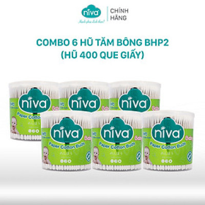 Combo 06 Tăm Bông Niva Cho Trẻ Sơ Sinh Hũ Xoay 400 Que Thân Giấy BHP2 Bông Tự Nhiên Kháng Khuẩn An Toàn, Thân Thiện Môi Trường