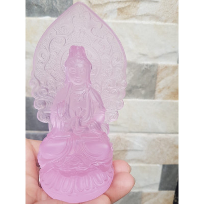 Tượng Phật Bà Quan Âm Mới Đá Lưu Ly Hồng Để Trong Xe Hơi hoặc trên bàn cao 12cm đk 7cm đế 5cm hợp Anh Chị Mệnh Hỏa mệnh Thổ ạ
