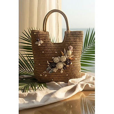 Giỏ Cói Giấy Mềm Dáng Tote Gắn Vỏ Sò, Giỏ Cói Tote Lan Châu ACC142